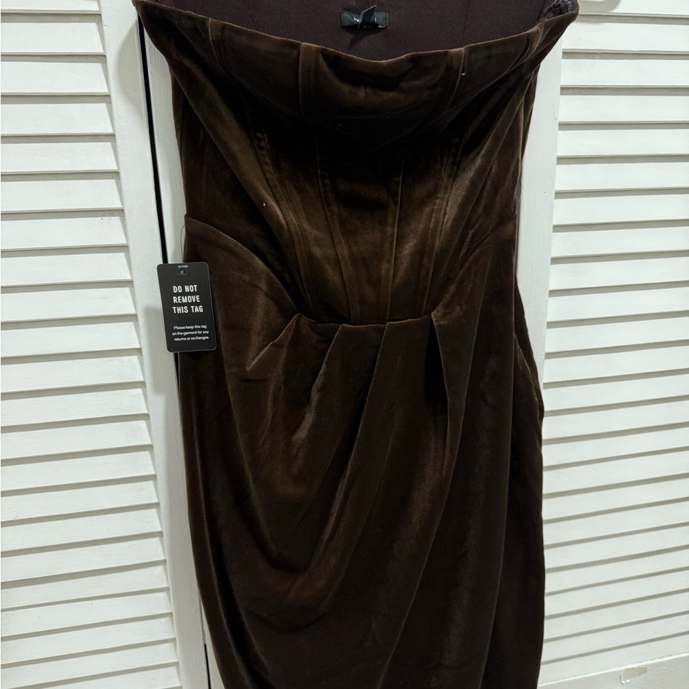 Express Brown Strapless Pleated Cocktail Gown
